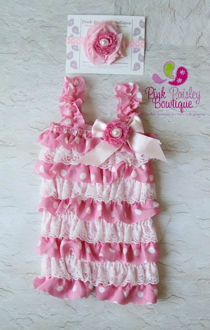 Petti Romper - 3 pc SET- Pink Polka Dot Petti Romper- Ruffle Romper -Baby Girl Rompers -Ruffle Rompers - 1st Birthday Outfit - Baby Romper