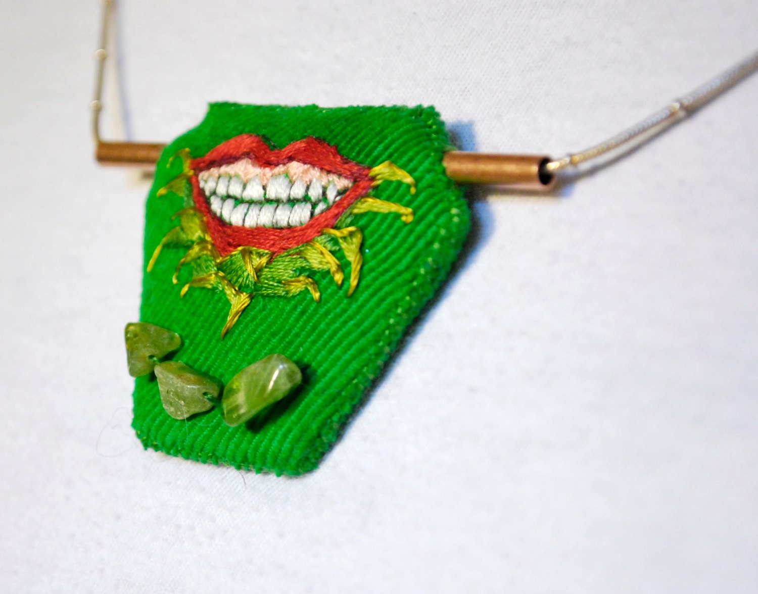 Embroidered Necklace:  The happiest flower in the garden.  Emerald green