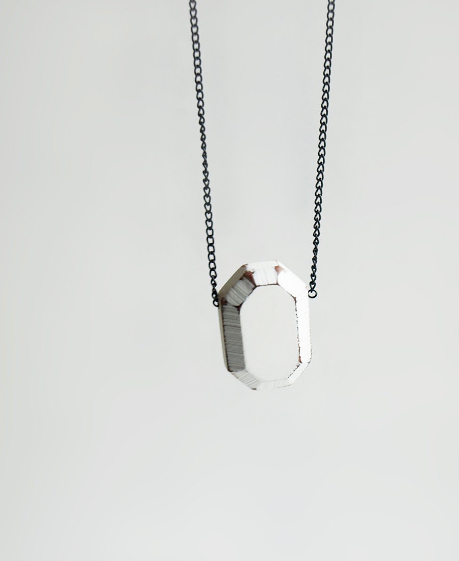 Diamond. white geometric penadt necklace on black chain. - faceted emerald shape  - white wood jewelry