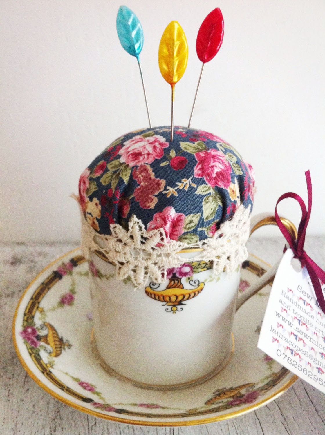 Mini teacup pincushion handmade in UK, expresso cup and saucer, novelty pincushion