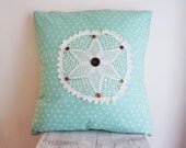 handmade doily cushion, mint green cushion, vintage pillow SALE