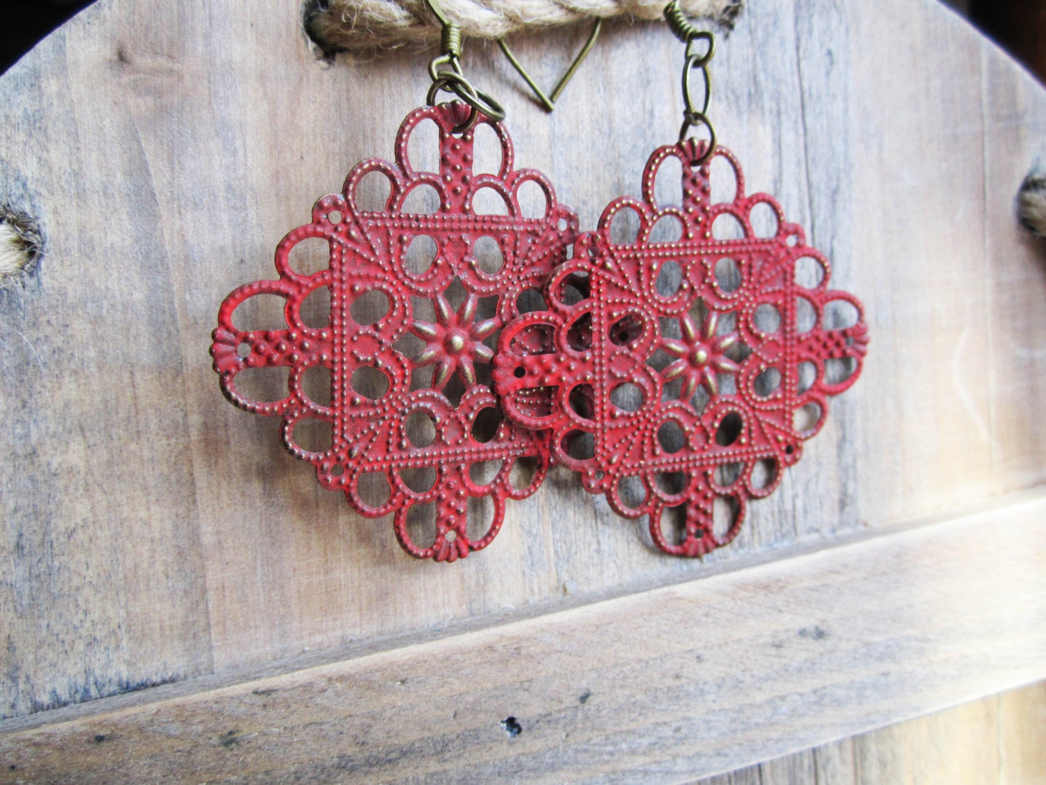 Barn Red  Patina Filigree Earrings - Shabby Chic