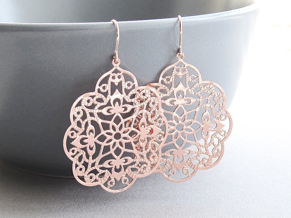 Rose gold filigree earrings, large spanish style, moroccan bohemian