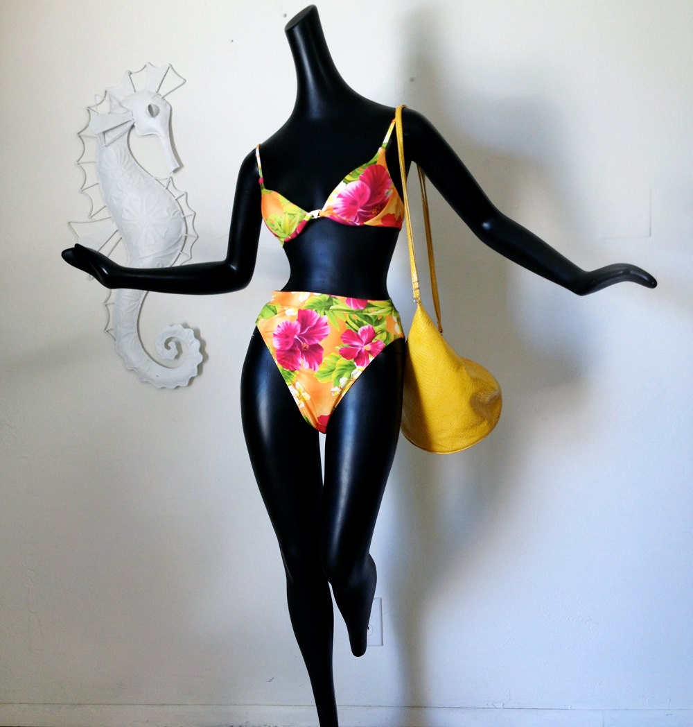 80s High Waisted Swimsuit Bikini Vintage 1980s Bathing Suit Swim Suit Tropical Hawaiian Print Top 32A 34A Bottoms Medium