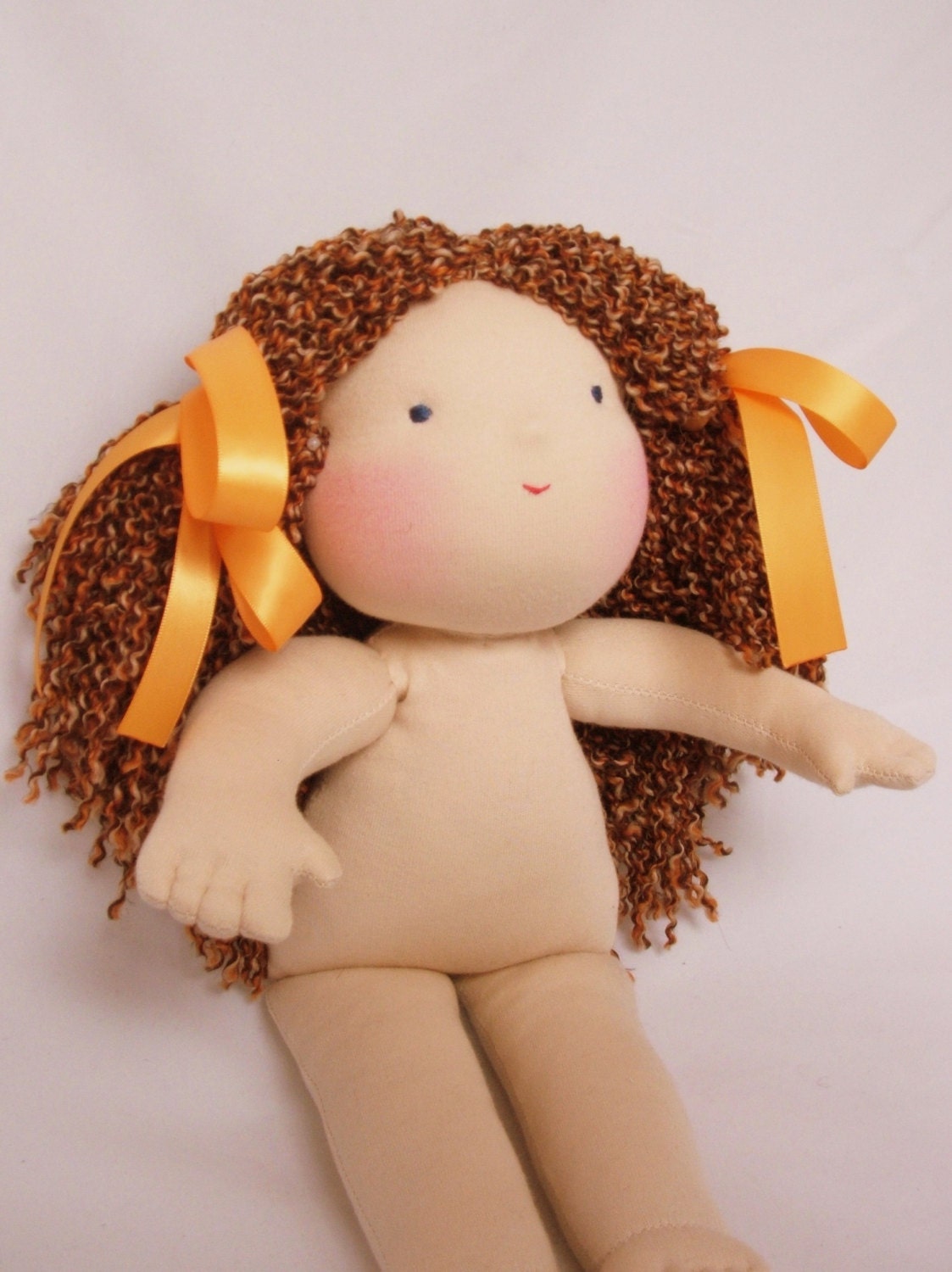 Waldorf  doll 15"  with mix brown curly hair without clothes