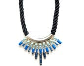 Statement Necklace in Blues and Black Rope Hand Painted Acrylic Rhinestones