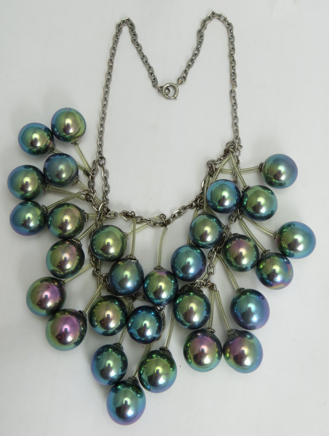 Aurora Borealis Cascading Bubble Beads Fringe Bib Vintage Necklace