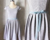 TRUFFLE BOUQUET - Heather gray linen dress with pockets // blue lace belt bow // pleated skirt // bridesmaid dress // vintage inspired