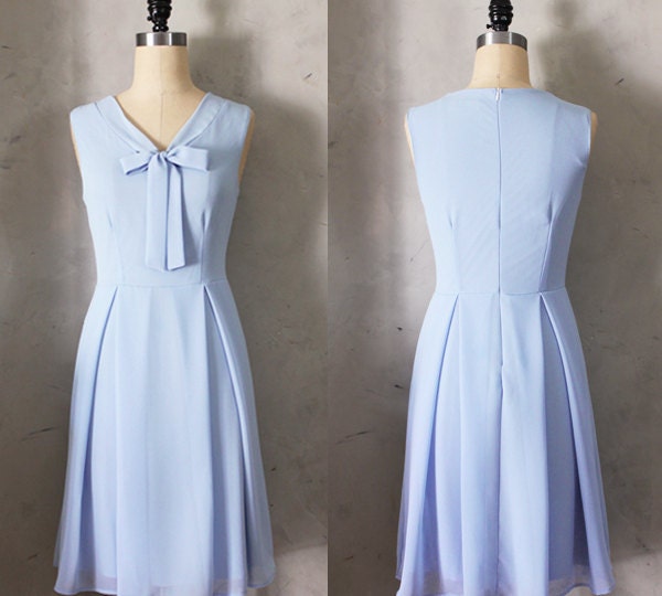 MADELINE - CORNFLOWER Light blue scarf neck tie dress// retro // vintage inspired // pleated skirt // bridesmaid dress // garden // mod
