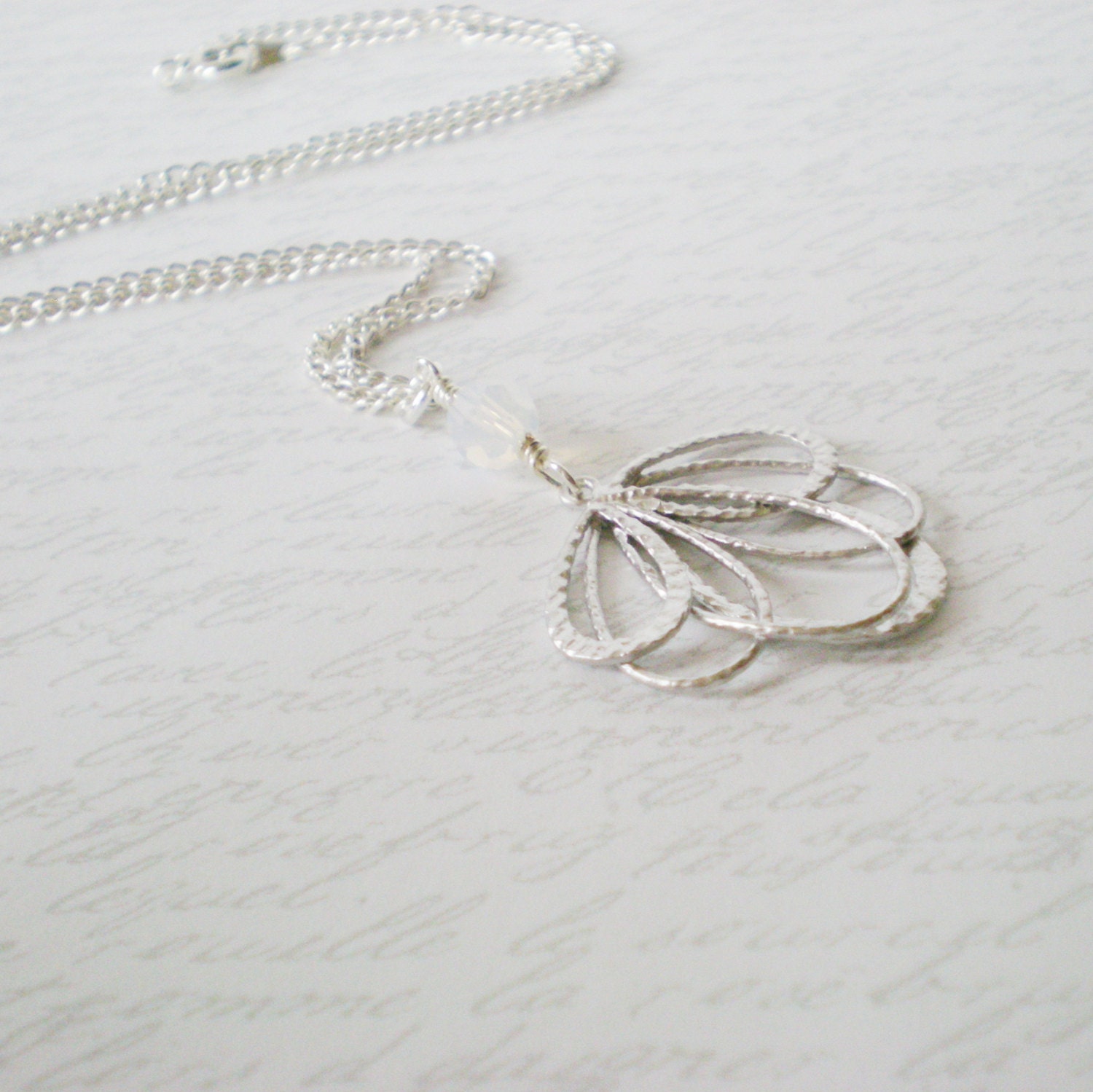 silver pendant necklace, fantail design, vintage inspired, swarovski crystal, fashion jewelry