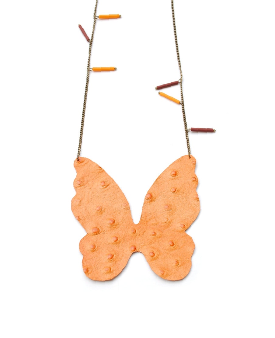 Orange leather butterfly necklace, orange and brown tubular beads, spring, romantic, gift for her, Valentine's day