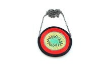 OOAK Strange fruit necklace, yellow green red black satin cord, spiral, textile necklace, fruit jewelry, gunmetal chain, summer, fun, gift