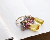 Yellow Gemstone Cluster Earrings in 14k Gold Fill with Violet and Pink Quartz Rondelles Wire Wrap Spring Earrings