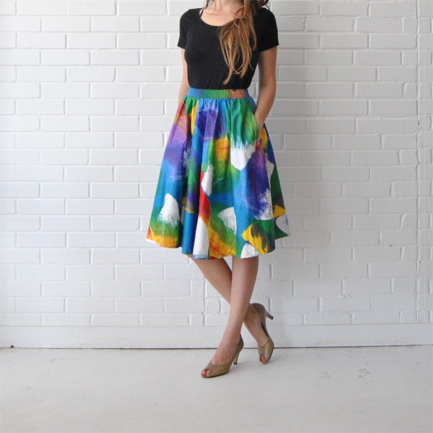 High Waisted Full Skirt  // High Waist Circle Skirt with Pockets  //  Abstract Crayola Bold Print Midi Skirt XS S Small