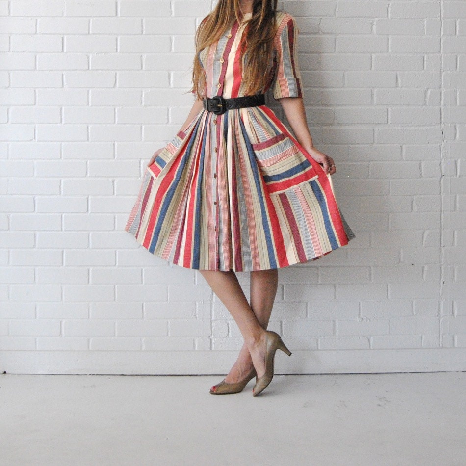 60s Neiman Marcus Day Dress  //  American Designer Shirtwaist Dress Full Skirt  //  Short Sleeve Boho Button Up Shirt Waist Dress
