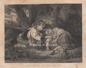 Hansel & Gretel Lost In Woods-Children-German Fairy Tale-Brothers Grimm-Witch-Candy House-1858 Antique Vintage Art Print-Gothic Picture