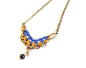 Chevron Necklace, Fabric Necklace, Crochet Bib, Electric Blue Mustard Yellow Yarn, Turquoise Jersey, Brass Copper Chain, 48cm