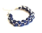 Fabric Bracelet, Woven Jersey Bracelet, Friendship Bracelet, Navy Blue Jersey, Silver Tone Chain