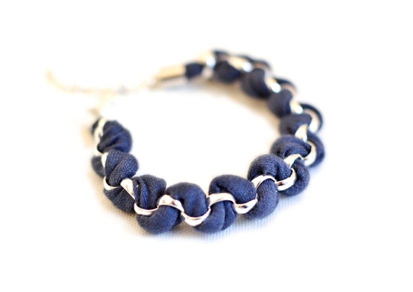 Fabric Bracelet, Woven Jersey Bracelet, Friendship Bracelet, Navy Blue Jersey, Silver Tone Chain