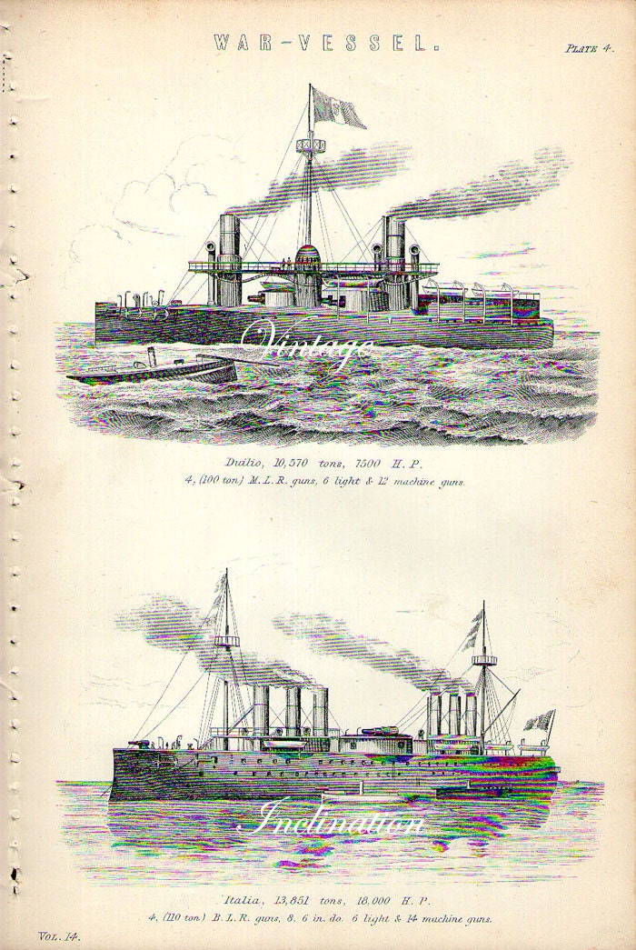 1890 War Vessel, plate 4, sailing ships original antique engraving
