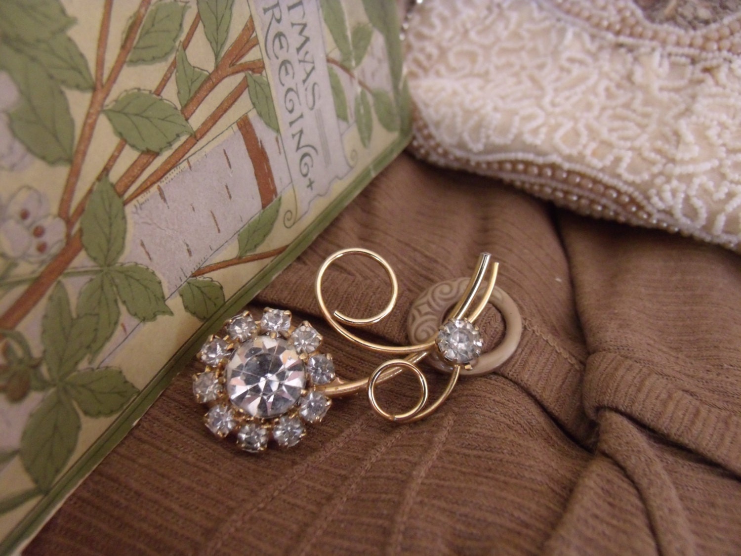 Vintage Rhinestone Flower Brooch Goldtone Pin Delicate Feminine