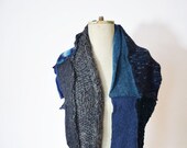 wool scarf shawl shrug hand knitted indigo denim blue, grey teal unique OOAK, soft felted wool, geometrical clotch, patchwork winter wrap
