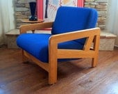 80s FABULOUS POST MODERN Pop Art Over-sized Arm Chair Electric Blue Wool Upholstery Contemporary Vintage Geometric Solid Oak Wood Furniture