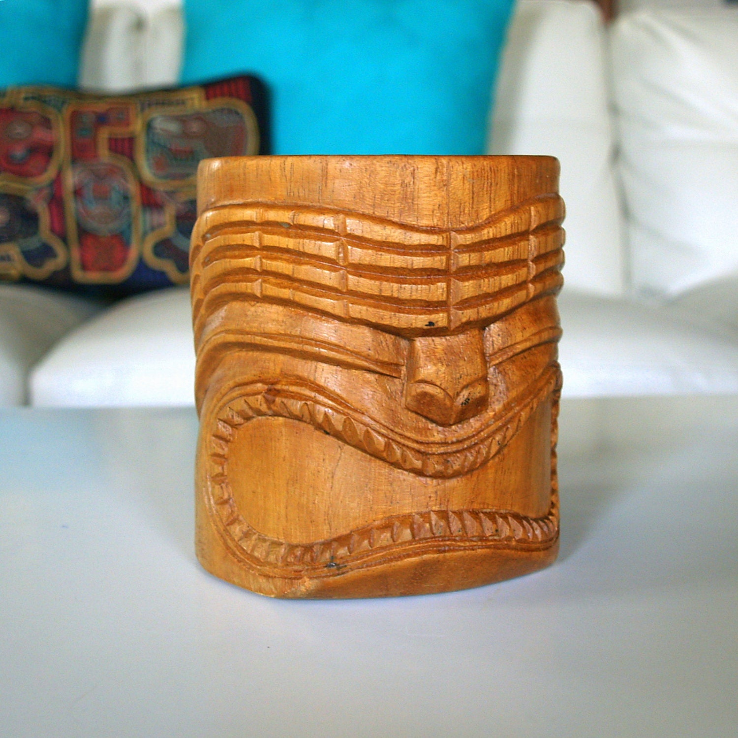 ATOMIC RETRO TIKI Wood Mug / Drinking Glasses Cup Mid Century / Bar Lounge / Vintage / Carved Wooden Tribal Totem Pole Face Statue / Kitchen