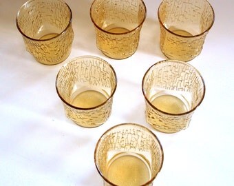 6 GLITTERING GOLD GLASS Vintage Amber Drinking Glasses Mid Century 60s Lowball Service for Six Retro Kitchen