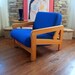 80s FABULOUS POST MODERN Pop Art Over-sized Arm Chair Electric Blue Wool Upholstery Contemporary Vintage Geometric Solid Oak Wood Furniture