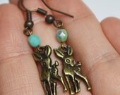 Tiny Deer Earrings, Deer Charm Earrings, Mint czech Bead Earrings with Deer Doe Charm, Tiny Deer Doe Jewelry