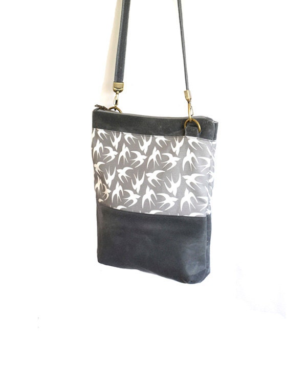 Cross Body Day Bag with Gray Waxed Canvas and Swallows Print - tote bag - over shoulder purse