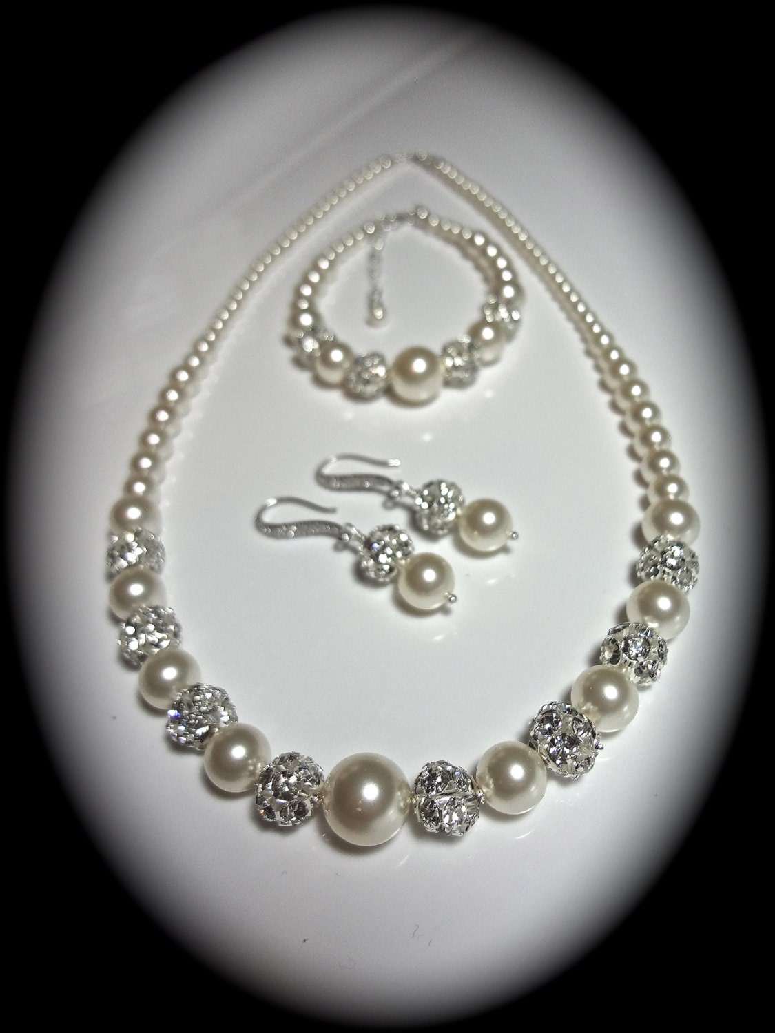 Bridal Jewelry - Pearl set - Sterling Silver - Crystal Set - Pearl Bracelet -Earrings- Necklace - Brides Jewelry set- Ivory/cream -