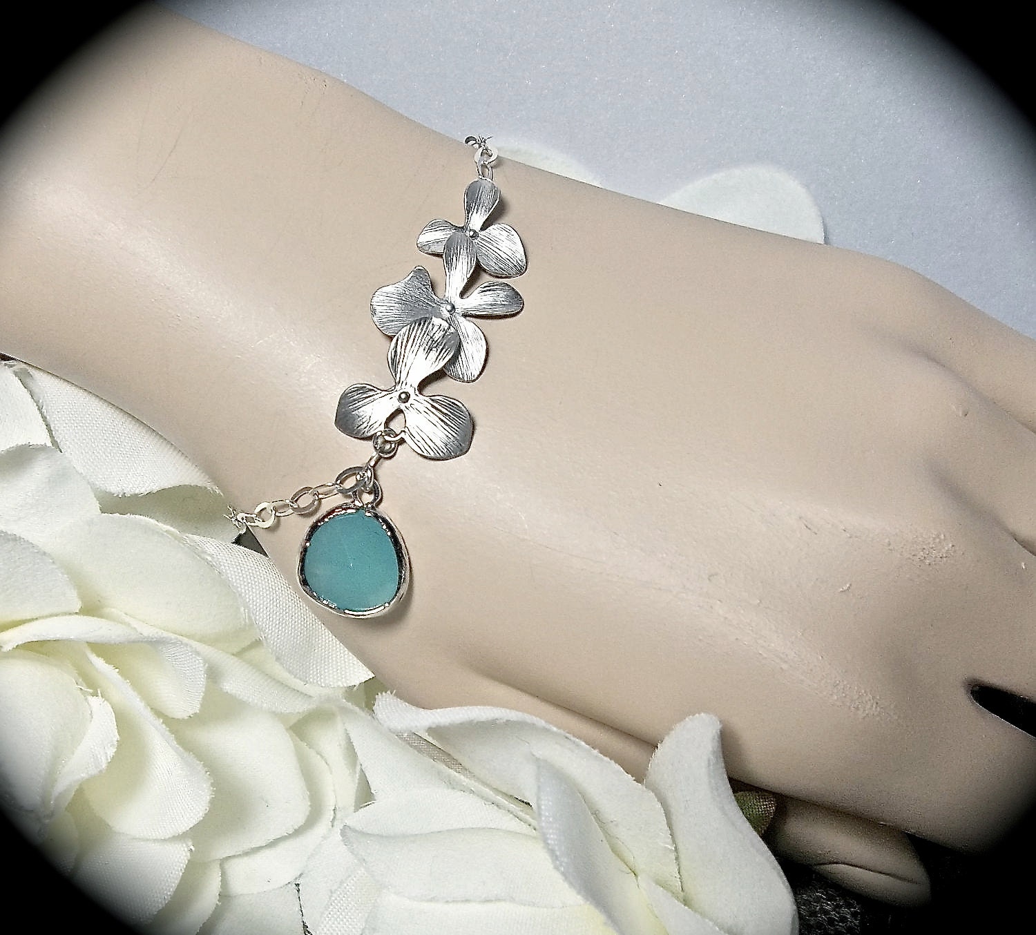Orchid Bracelet -  Sterling silver - choice of stone - Bridal Jewelry - Bridesmaids - Beach lover - gift-