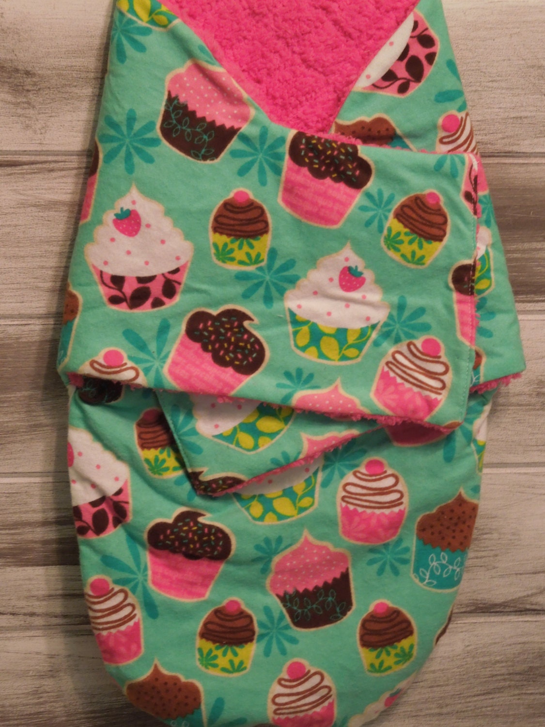 the PEANUT POD baby swaddle - a wrap blanket swaddler - Super Soft Warm & Cozy - Ready To Ship - cupcake flannel - teal, pink, brown, white