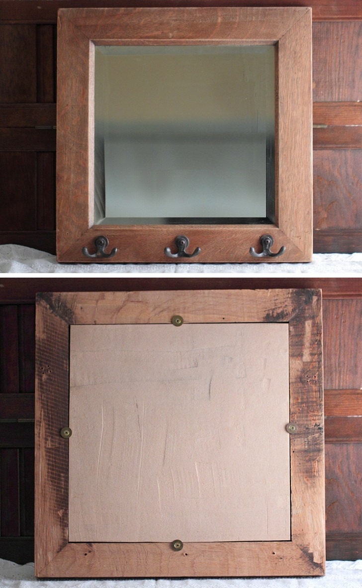 Rustic Mirror Wood Beveled Forged Iron Hooks Primitve Make Do Farmhouse