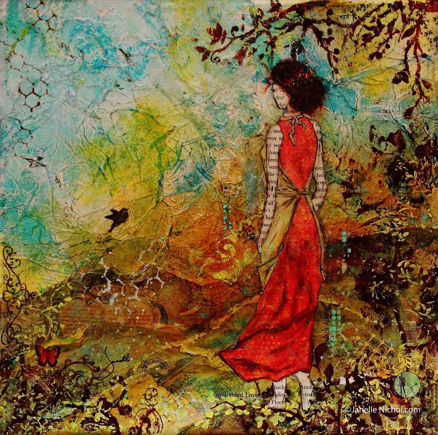 Beautiful Woman and landscape folk art Canvas ORIGINAL Janelle Nichol Come Back Home to You