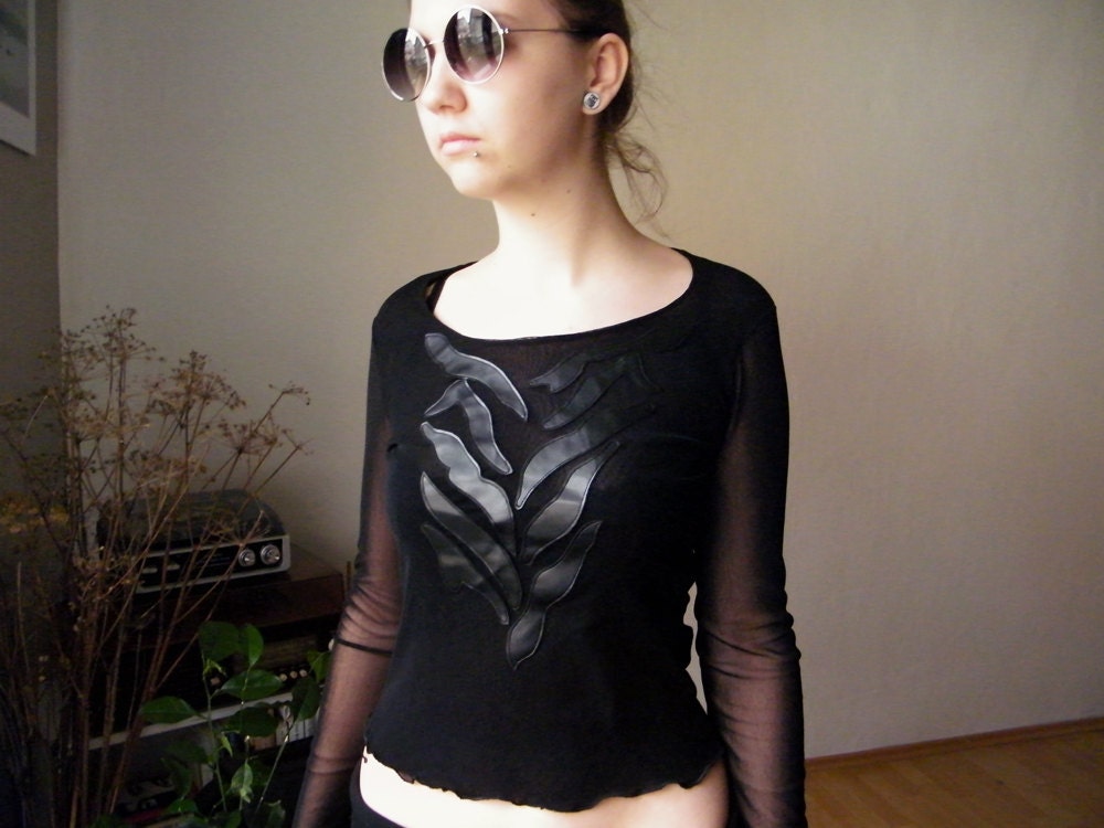 90s Black Mesh Crop Top - Vintage Goth Sheer Top with Vegan Leather Animal Pattern Sexy Vamp Goth Grunge Avant Garde Long Sleeve Shirt