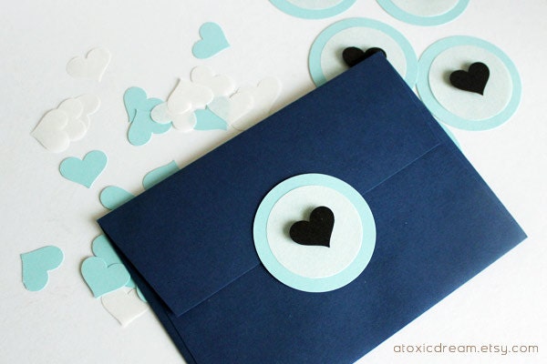 Valentine's Heart Gift Toppers or Embellishments - 6ct Light Blue and Black Embellishments - atoxicdream