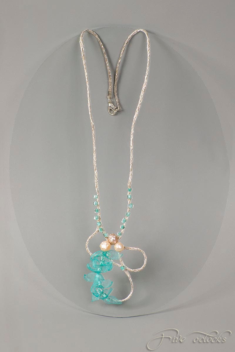 Fine art pearl jewelry for beach wedding. Mermaid whimsical necklace. Bridal blue wedding jewelry. Linen necklace with pearls.