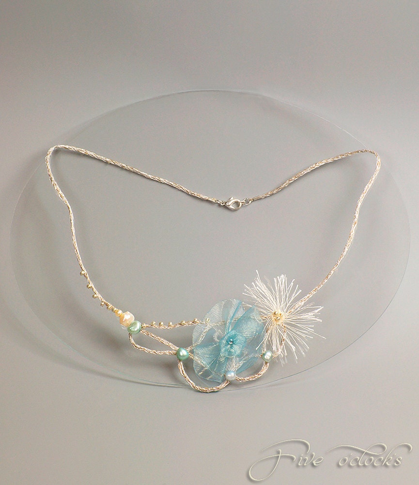 Fine art pearl jewelry with sea jellyfish for beach wedding. Mermaid bride wedding textile necklace with blue pearls.