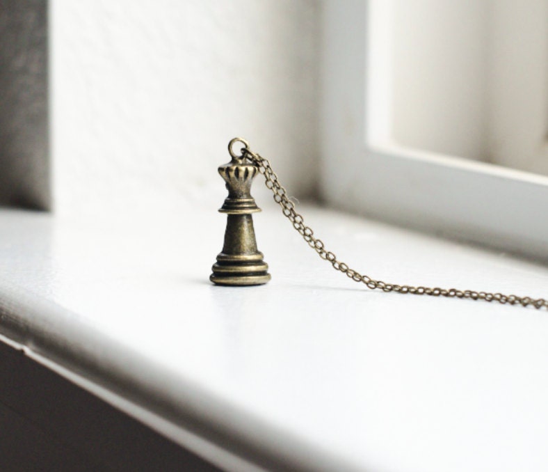 Queen Chess Piece Necklace- Chess Board Charm- Bronze Jewelry
