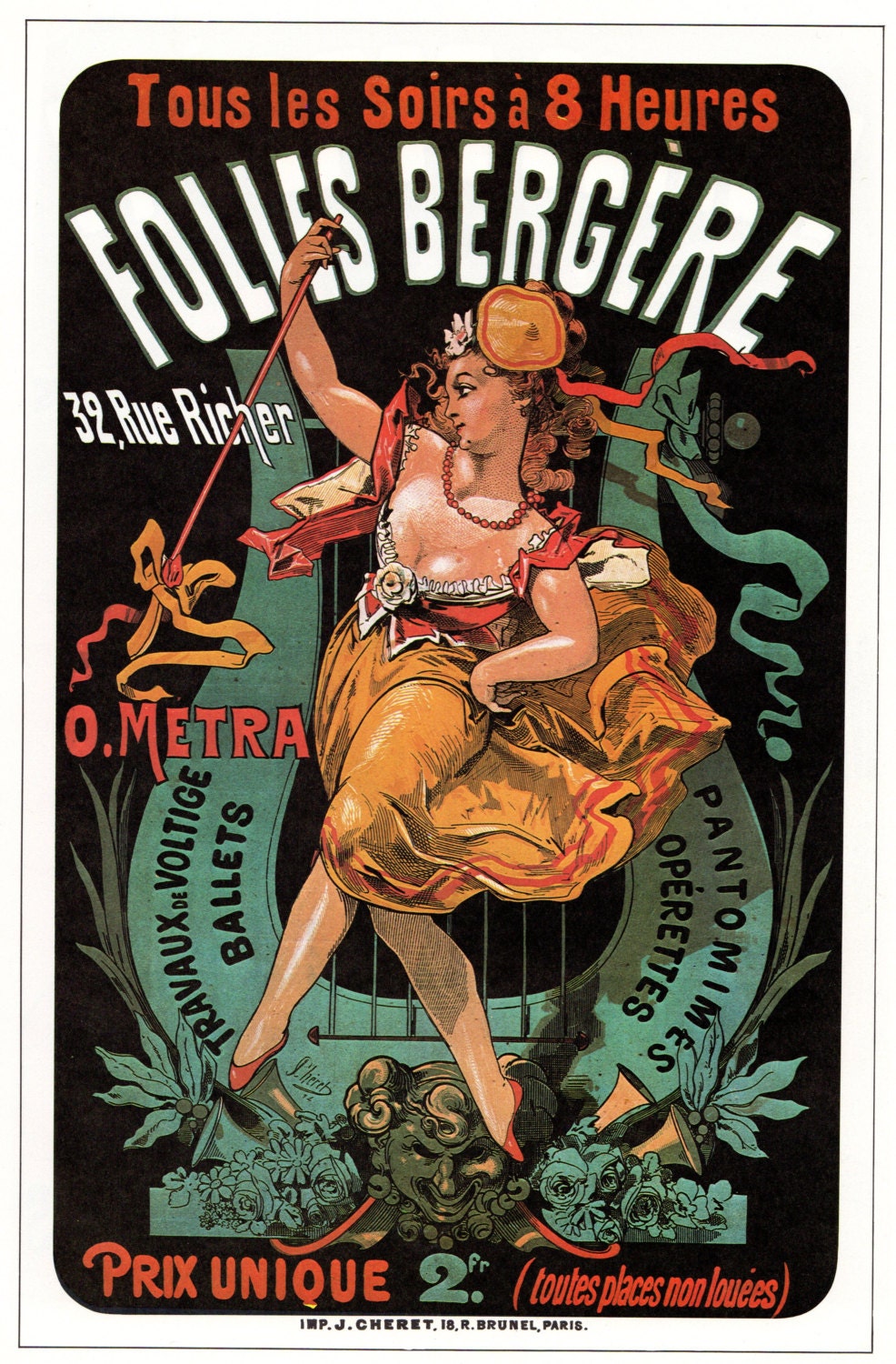 Folies-Bergere. Vintage French Poster. 9" x 14.5" Double-Sided.