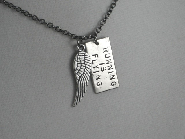 RUNNING IS FLYING Necklace - Running Necklace on 18 inch gunmetal chain - Running Jewelry - Running Necklace