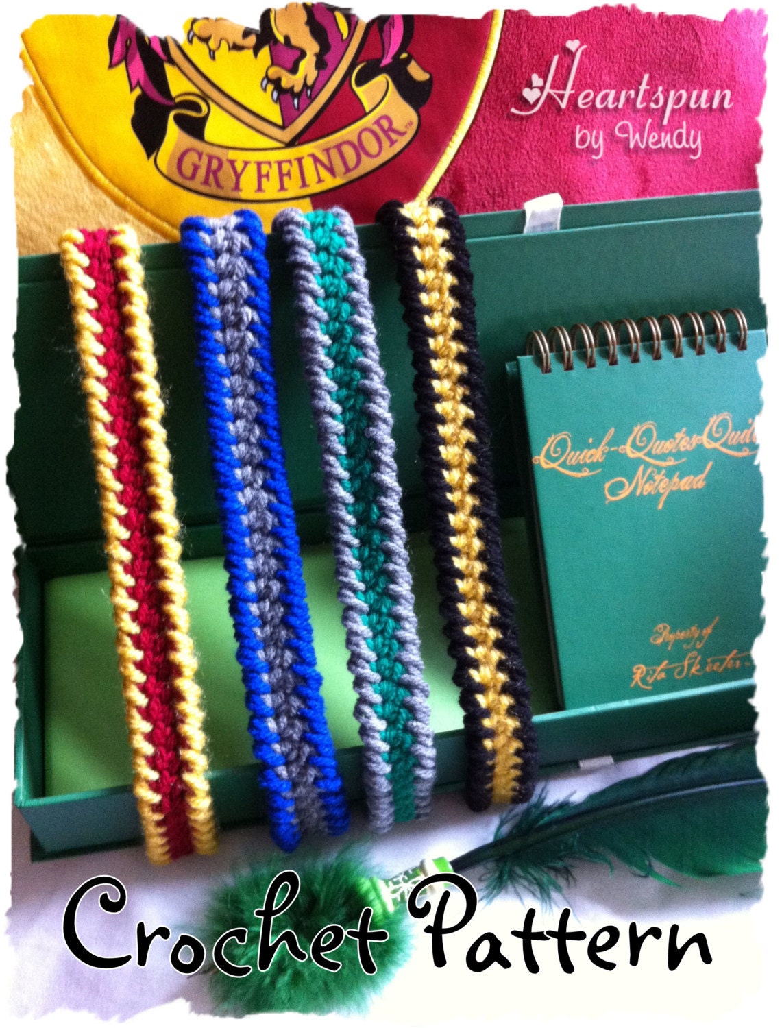 Harry Potter Hogwarts House Colors Headbands and Bracelets CROCHET PATTERN for Gryffindor, Ravenclaw, Slytherin or Hufflepuff.  PDF Format