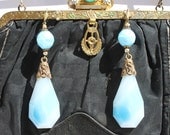 Circa 1920s/1930s Antique Art Nouveau / Art Deco Czech Glass Dangle Earrings w/ Turquoise Blue-colored Luminous  Molded Glass Drops