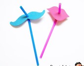 20 Mustache and Lips Straws - Gender Reveal Party - Photo Booth Props - Pink Lips and Blue Mustaches on Straws - Assembled Ready to Use Il_170x135