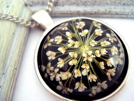 Necklace with real dried flowers in glass,  silver setting and necklace - spring jewelry for her