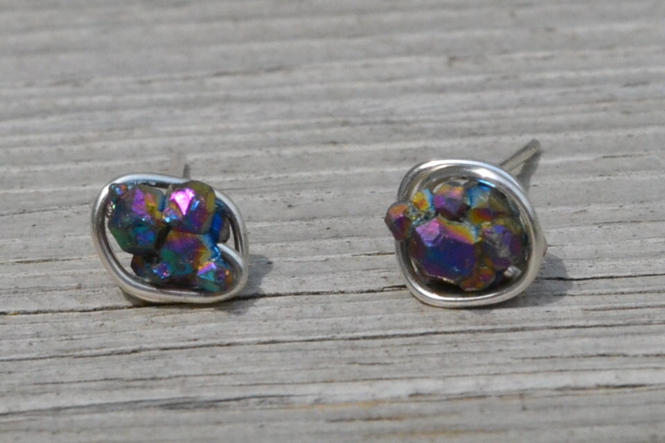 Post earrings Tiny Peacock Titanium Druzy Rainbow Quartz Gift for her Mothers Day Gift Semi Precious Stone Agate Peacock Ore Quartz