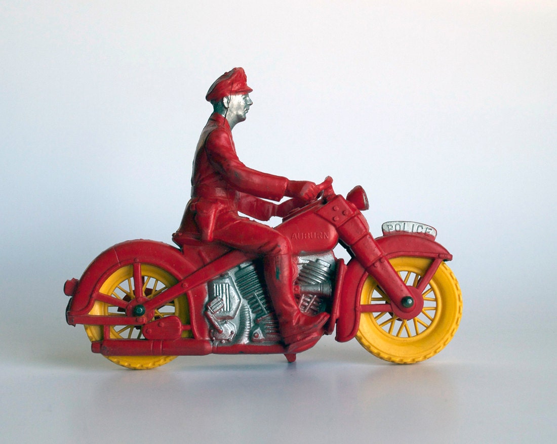 Antique Harley Davidson Police Motorcycle Toy, 1960s, Red, Silver by Auburn